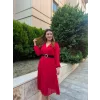 Kadın şifon Kumaş Astalı Kloş Kesim Kruvaze Yaka Midi Boy Elbise