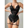 Kadın Siyah Dantel Jartiyerli Bodysuit Gecelik - Kemer Detaylı