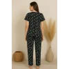 Kadın Siyah Kalp Desenli Fiyonklu Kısa Kollu Uzun Pijama Takımı