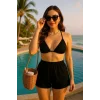 Kadın Siyah Şortlu Belden ve Boyundan Bağlamalı Bikini Takımı – Modern, Konforlu ve Günlük Kombinlere Uygun