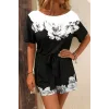 Kadın Tek Omuzu Açık çiçek Desenli Beli Kuşaklı Iki Iplik Mini Short Tulum