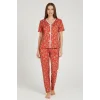 Kadın Turuncu Kalp Desenli Fiyonklu Kısa Kollu Uzun Pijama Takımı