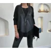 Kadın Uzun Kollu Asimetrik Kesim Viskon Bluz Ve çatlak Deri Görünümlü Yelek Ikili Takım