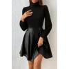 Kadın Uzun Kollu Balıkçı Yaka üst Kaşkorse Alt Deri Detaylı Mini Elbise