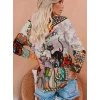 Kadın Uzun Kollu Bisiklet Yaka Kedi Baskılı Süprem Bluz