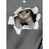 Kadın Uzun Kollu Bisiklet Yaka Kedi Desenli Viskon Iki Iplik Bluz