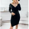 Kadın Uzun Kollu Kruvaze Yaka Bağcık Detay Akrilik Mini Boy Elbise