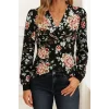 Kadın Uzun Kollu Kruvaze Yakalı Kelebek Desenli şardonlu Dalgıç Bluz