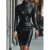 Kadın Uzun Kollu Yakalı Fermuarlı Mini Deri Elbise