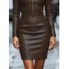 Kadın Uzun Kollu Yakalı Fermuarlı Mini Deri Elbise