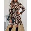 Kadın Uzun Kollu Yarı Balıkçı Yaka Leopar Desenli Modal Mini Elbise