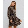 Kadın Yarım Balıkçı Yaka Uzun Kollu Leopar Desen Mini Elbise