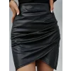 Kadın Yüksek Bel Yandan Fermuarlı Pileli Mini Deri Etek