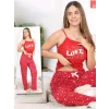 Kalp Desenli İp Askılı Pijama Takımı -Kırmızı
