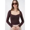 Kare Yaka Slim Fit Bluz 986 - Kahverengi
