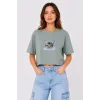 Kedi Baskılı Oversize Crop Tişört Salaş Basic Yarım Kol T-shirt - Mint Yeşili