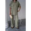 KETEN BELDEN BÜZGÜ DETAYLI GÖMLEK - PANTOLON TAKIM - Yeşil