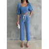 KETEN CROP KARPUZ KOL BLUZ-PANTOLON HASIR KEMERLİ - Mavi