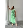 KETEN ELBİSE KOLSUZ BEL BAĞLAMALI MAXİ ELBİSE - Yeşil