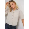 Keten Görünümlü Crop Gömlek 20339 - Krem