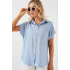 Kısa Kol Çizgili Oversize Gömlek 20303 - Mavi