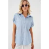 Kısa Kol Çizgili Oversize Gömlek 20303 - Mavi