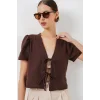 Kısa Kol Crop Bluz 958 - Kahverengi