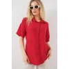 Kısa Kol Keten Görünümlü Gömlek 20336 - Kırmızı