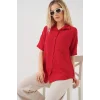 Kısa Kol Keten Görünümlü Gömlek 20336 - Kırmızı