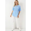 Kısa Kol Keten Görünümlü Gömlek 20336 - Mavi