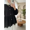 Kolu Lastikli Ajurlu Düğmeli Astarlı Gömlek -Siyah