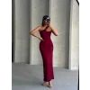 Krinkıl tek omuz uzun elbise bordo s25455