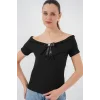 Kurdele Detaylı Örme Bluz 949 - Siyah