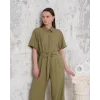 Kuşaklı gömlek yaka salaş tulum haki s255822