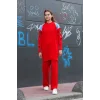 Omuz detaylı kol nakışlı ikili alt üst triko takım kırmızı