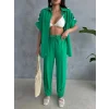 OMUZ MİDYE SIRALI BLUZ - PAÇA PENSLİ PANTOLON TAKIM - Yeşil