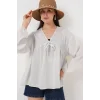 Önü Bağcıklı Uzun Kol Bluz 946 - Ekru
