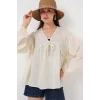 Önü Bağcıklı Uzun Kol Bluz 946 - Krem