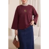 Önü Çiçek Nakışlı Yuvarlak Yaka Salaş Penye Bluz    -Bordo