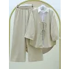 Önü Çift Bağlamalı Pantolonlu Kimono Takım -Bej