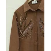 Önü Pul Payetli Uzun Gömlek    -Kahve
