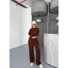 Osy Modal Yumuşak Dokulu Kumaş Kısa Kollu Bluz Rahat Pantalon Ikili Takım- Kahverengi
