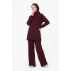 Osy Modal Yumuşak Dokulu Kumaş Modern Tesettür Takım Yandan Metal Çıtçıtlı Uzun Tunik Pantolon Set Salaş Kalıp - Bordo