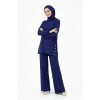Osy Modal Yumuşak Dokulu Kumaş Modern Tesettür Takım Yandan Metal Çıtçıtlı Uzun Tunik Pantolon Set Salaş Kalıp - Lacivert