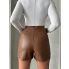 Parçalı cepli deri şort taba w26312
