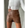Parçalı cepli deri şort taba w26312