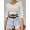 Pink Yazılı Fakir Kol Lastikli Crop -Ekru