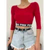 Pink Yazılı Fakir Kol Lastikli Crop -Kırmızı