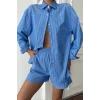 POPLİN ÇİZGİLİ GÖMLEK - ŞORT TAKIM - Mavi