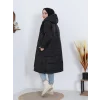 Sabit Kapşonlu Kuş Gözü Detaylı Uzun Kaban -Siyah